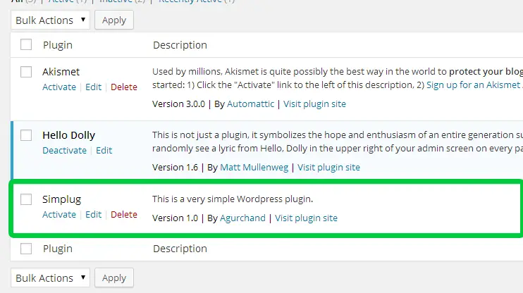 showing simplug plugin in wp-admin